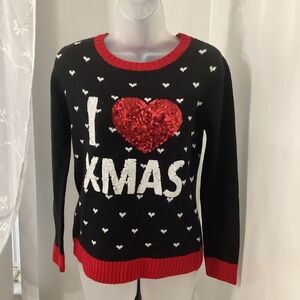 It’s Our Time “I ♥ XMAS” Black & Red Sequin Christmas Sweater Junior Size XL